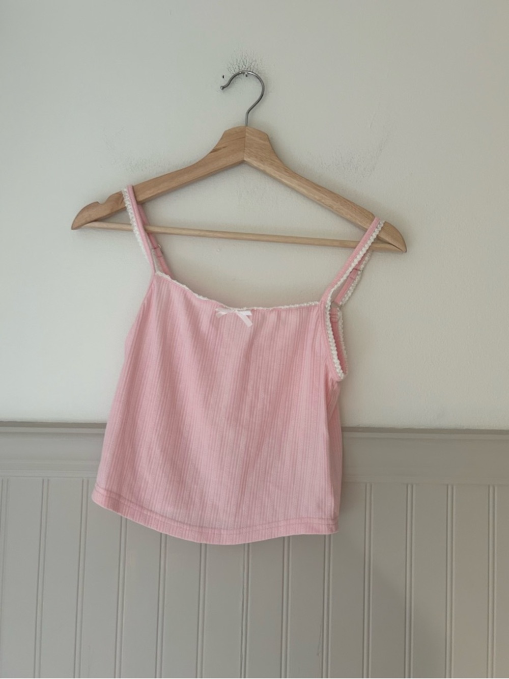 Sky to Moon Large Soft Pink Ribbed Tank Top Lace Trim Bow Detail Sleeveless Top